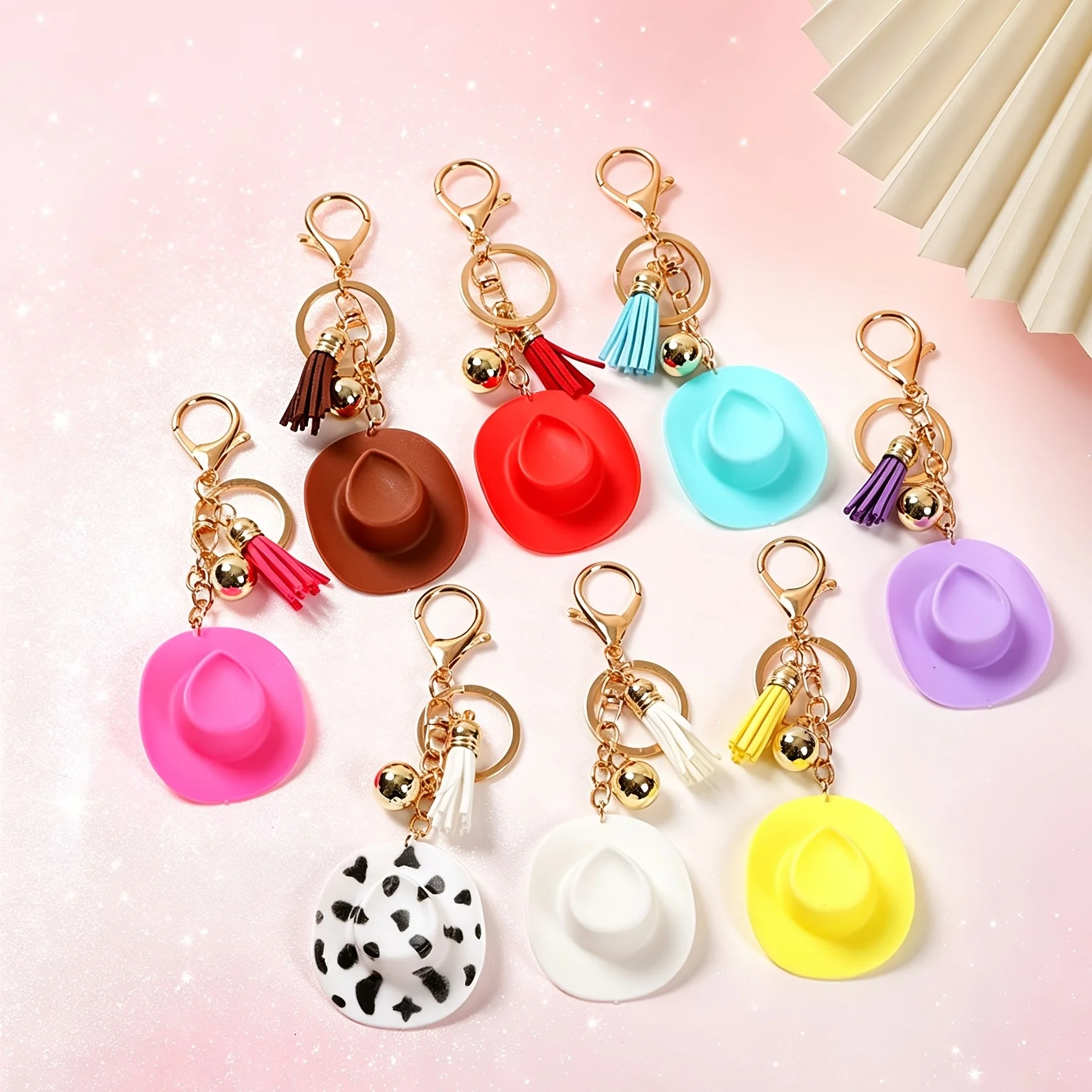 Western Cowboy Tribe Style Miniature Hat Keychain Multicolor Cow Pattern Bag Charm Accessory