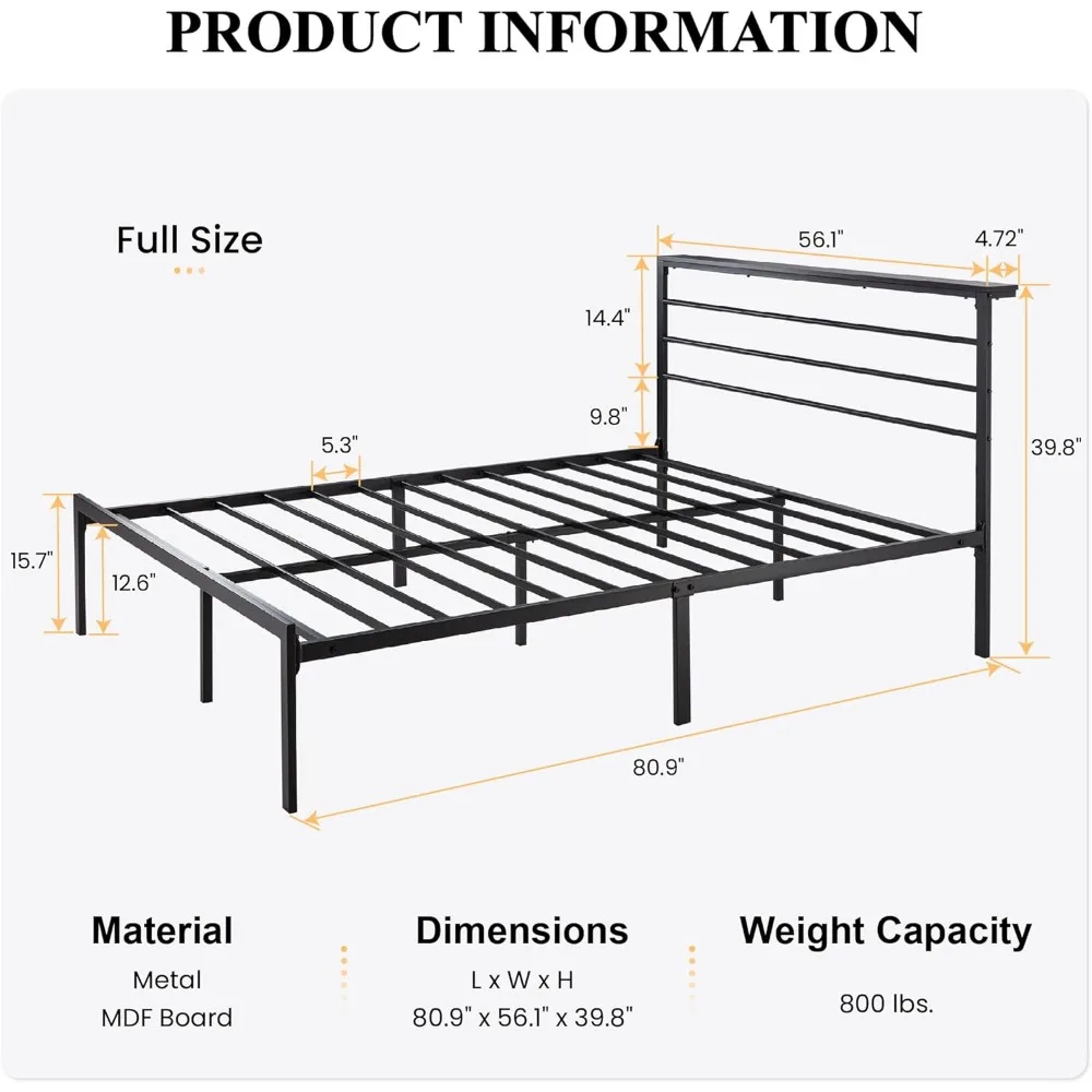 Bed Frame with Headboard Shelf, Heavy Duty Platform Bed Frame with Strong Metal Foundation, No Box Spring Needed