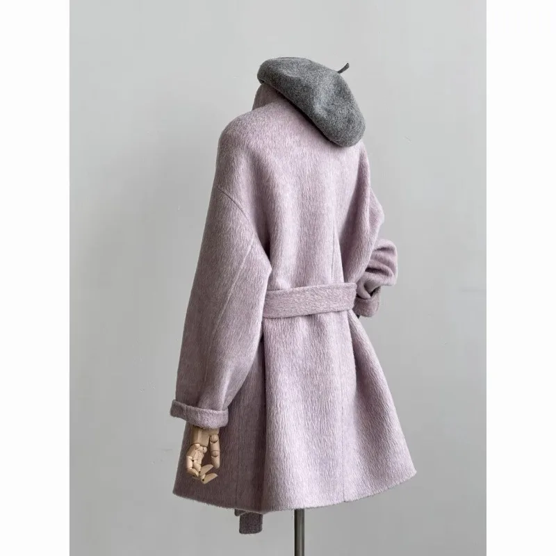 Women Oversized Wool Blend Coat Stand Collar Belted Button Loose Long Sleeve Pocket Warm Jacket Autumn Winter