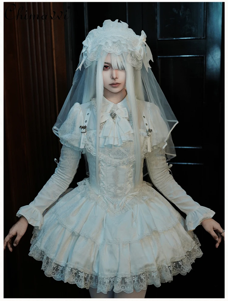 

Original Gothic Long Short White OP Dress 2025 Autumn Clothes New Halloween Dark Girl Womens High Waist Cosplay Lolita Dress