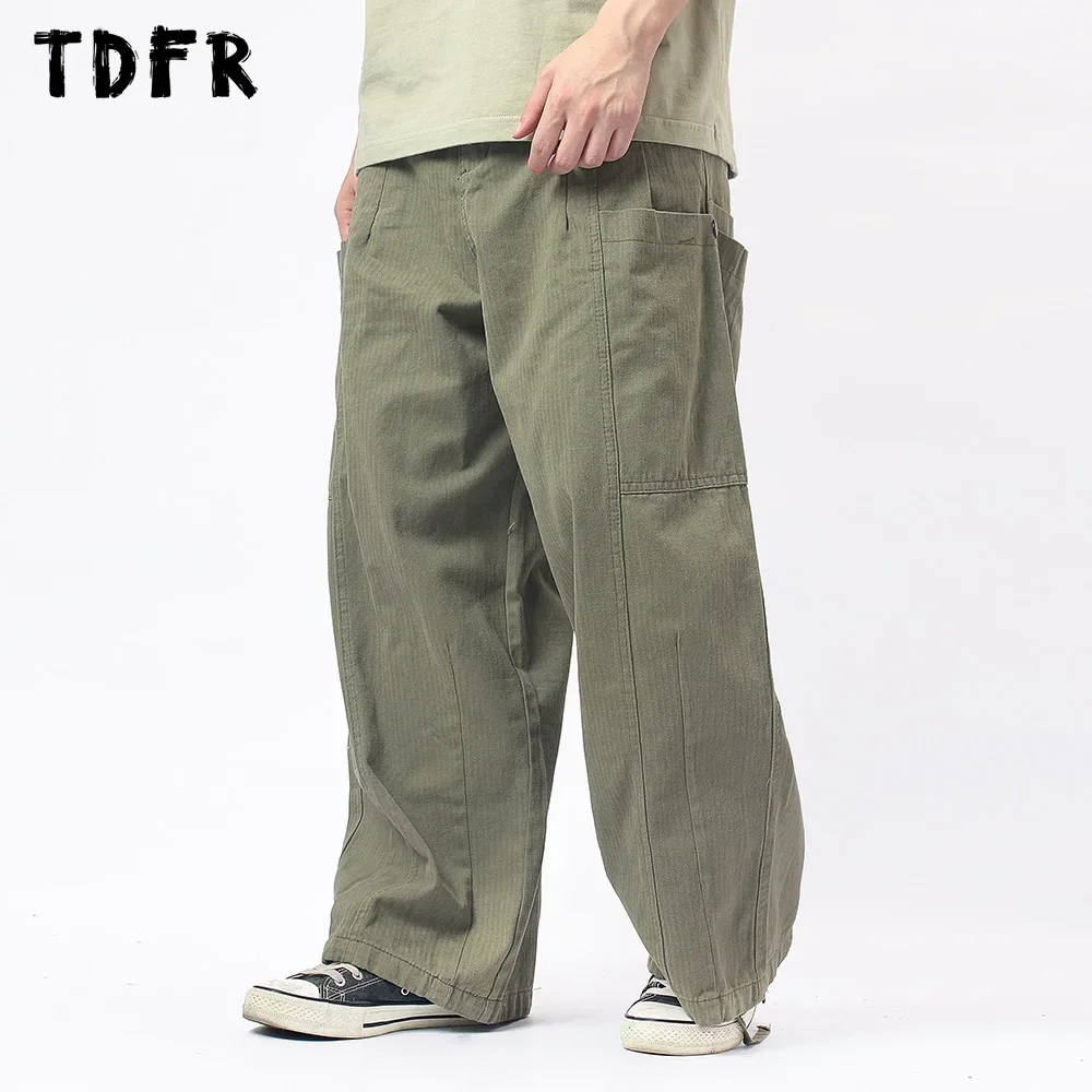 Multi-Pocket Cargo Pants Mens Safari Style Solid Color Casual Pants Loose Drawstring Wide Leg Pants Men Trousers