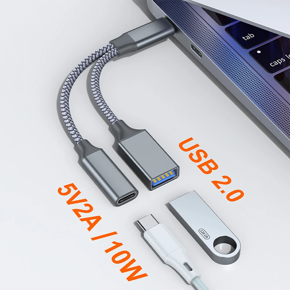 2-in-1 Type-C to USB Female Adapter 5V2A 10W Laptop Mouse External Wiring USB Earphone Converter Fast Charging Y-shaped Cable