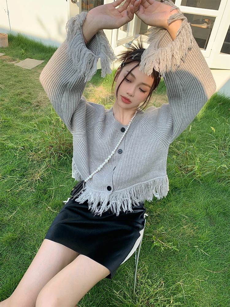 CHEERART Fringe Button Up Cropped Sweater Cardigan Women Grey Knit Shrug Cute Cardigan Korea Style Knitwear Autunn Clothing