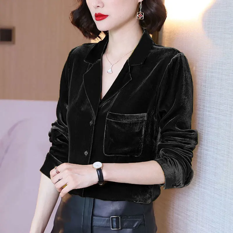 Commute Solid Color Pleuche Blouse Female Clothing Tailored Collar Autumn Winter Single-breasted Stylish Pockets Spliced Shirt