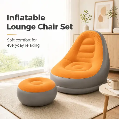 Flocking Inflatable Lazy Sofa Set with Foot Stool, Portable Foldable Air Sofa Chair, Indoor Bedroom Outdoor Camping Leisure Infl