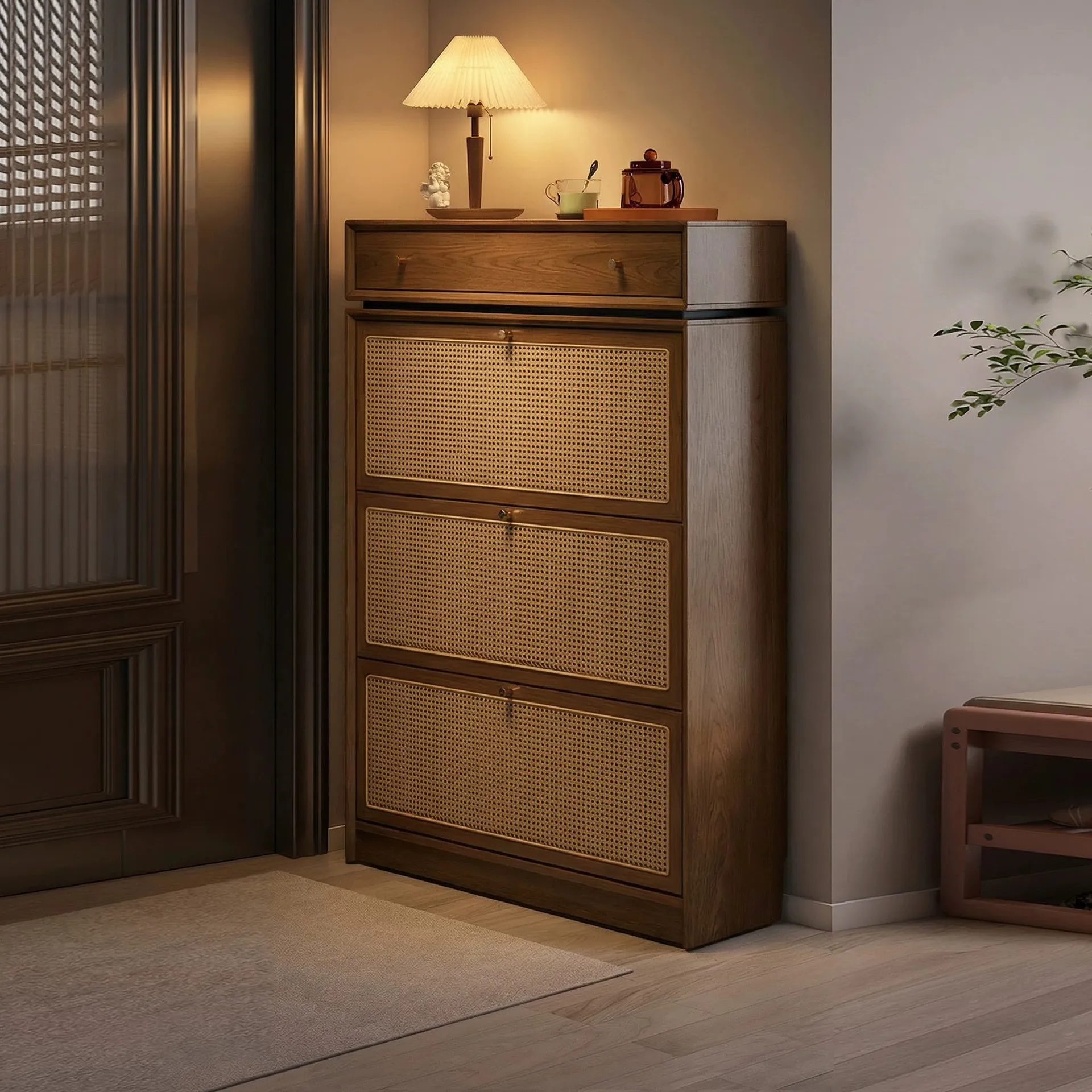 Rattan solid wood ultra-thin shoe cabinet at the entrance of the home entrance Tipping bucket storage integrated against