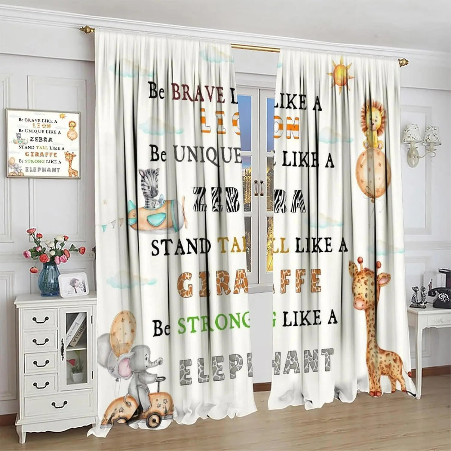 Cartoon Animals Curtains, Cute Jungle Animal Zebra Elephant Lion Giraffe Window Treatments, Rod Pocket Thermal Insulated Drapes