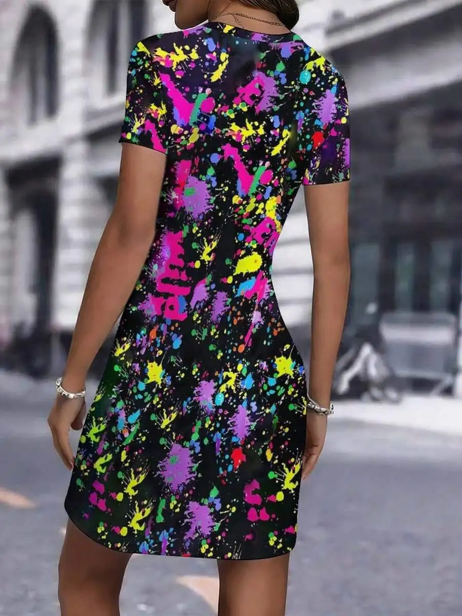 

Womens Bodycon Dress With 3D Splatter Print Crew Neck Short Sleeve Polyester Elastane