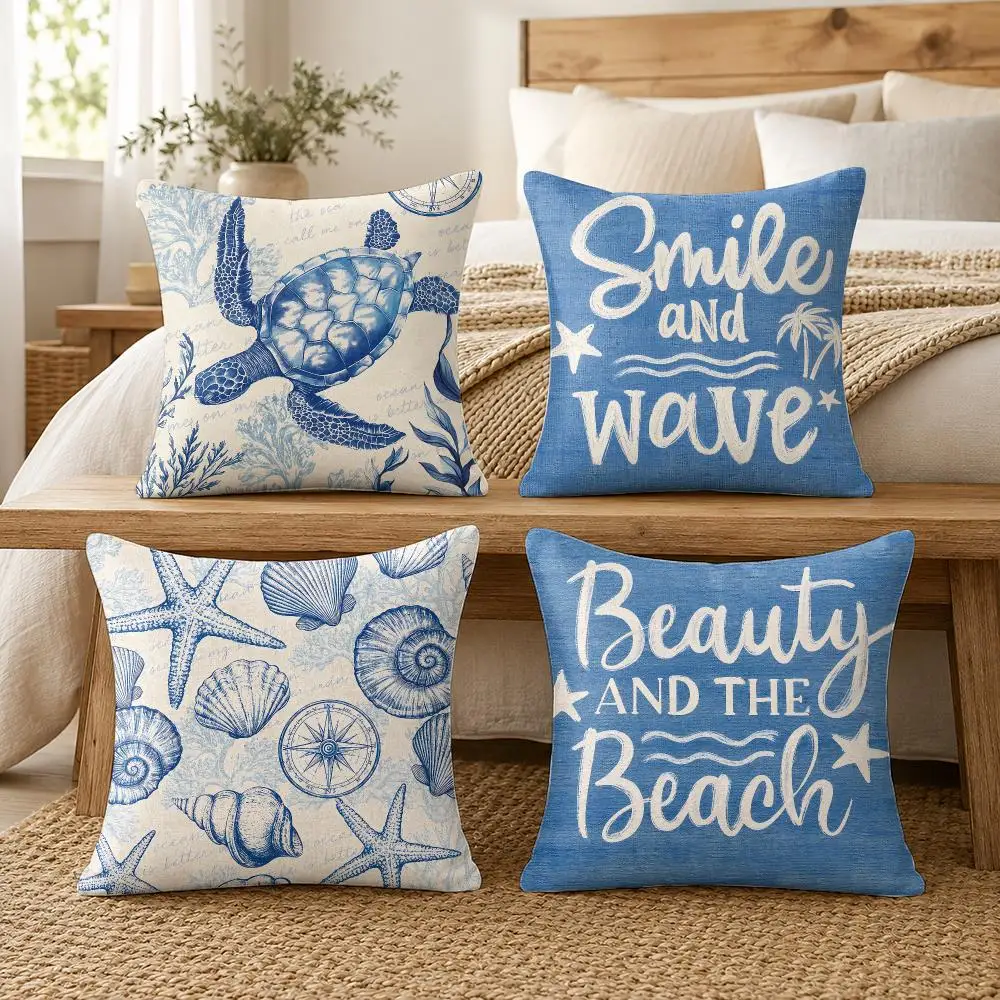 Blue Retro Marine Life Cushion Cover Silky Short Plush Invisible Zipper Dustproof Sofa Pillow Case For Home Decor