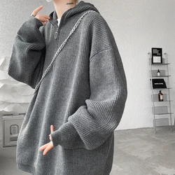 Plus Size 8XL-M Men's Hooded Pullover Zipper Knit Sweater Men's Lazy Loose Sweatshirts Autumn Winter Solid Thick Sweaters