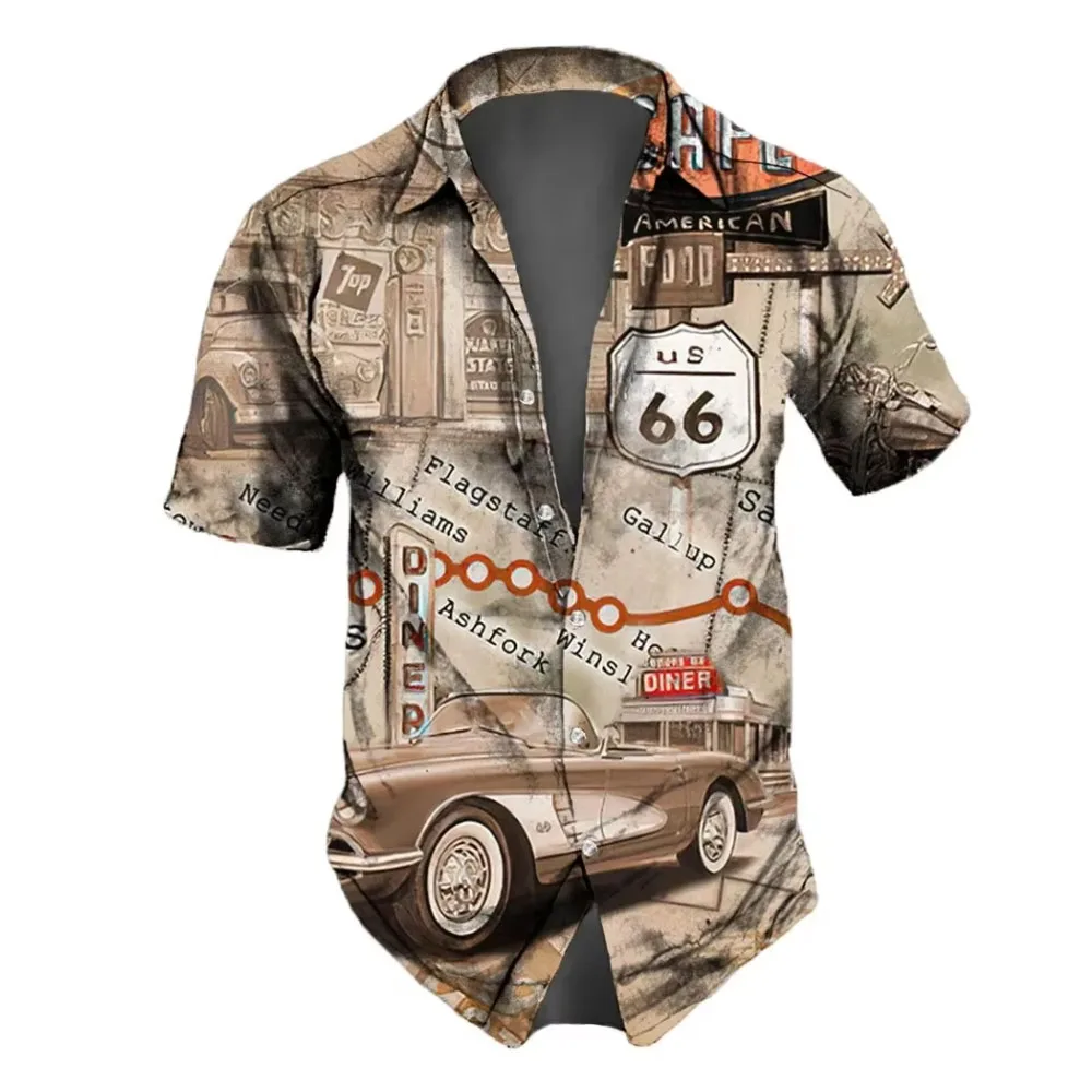 Men'S Shirt Route 66 Retro 3d Fashion Shirt For Man Hawaiian Shirt Short Sleeve Streetwear Button Tops Daily Party Men Clothing