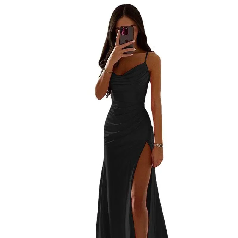 Slim Evening Dress New Spring Summer Bra Shrink Pleated Split Satin Dress Sexy Slim Fit Wrapped Hip Dress Custom Logo