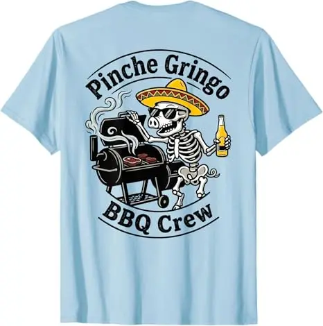 Pinche Gringo BBQ Crew Skelett-Schwein beim Grillen mit Bier (auf Rückseite) T-Shirt Y2k Kochen Smoker Grill Ästhetische Kleidung Herrenmode Tee – Detail 8