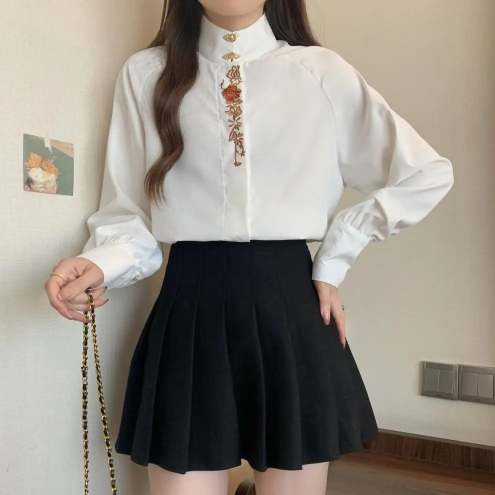 

Ele Embroidered Chinese Hanfu irt Women's Faionable Spring Autumn New Sle Superb Quali Slim Fit Long Sve Top