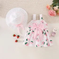 Summer Baby Girl Dress Hat 2/Piece Set Girls' Small Round Dot Strawberry Printed Front Bow Daily Casual Dress