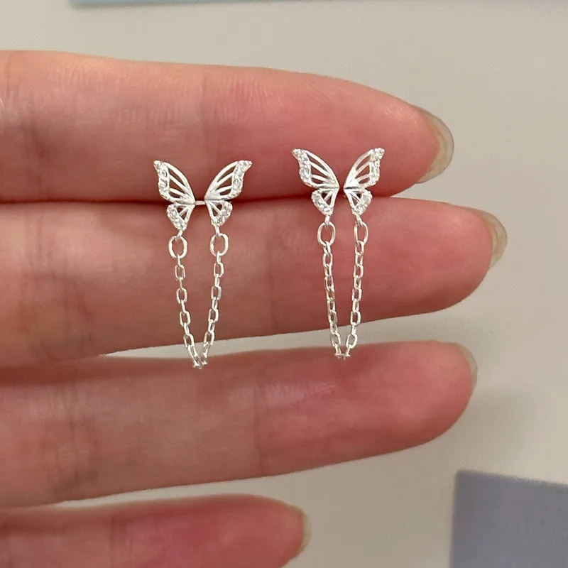 Fashion Silver Color Hollow Butterfly Stud Earrings for Women Girl Simple Double Ear Hole Tassel Chain Earrings Jewelry Gift