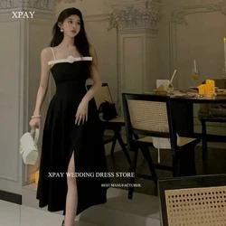 XPAY Simple Black A Line Evening Party Dresses Spaghetti Straps Split Matte Satin Prom Gowns Night Event Dress