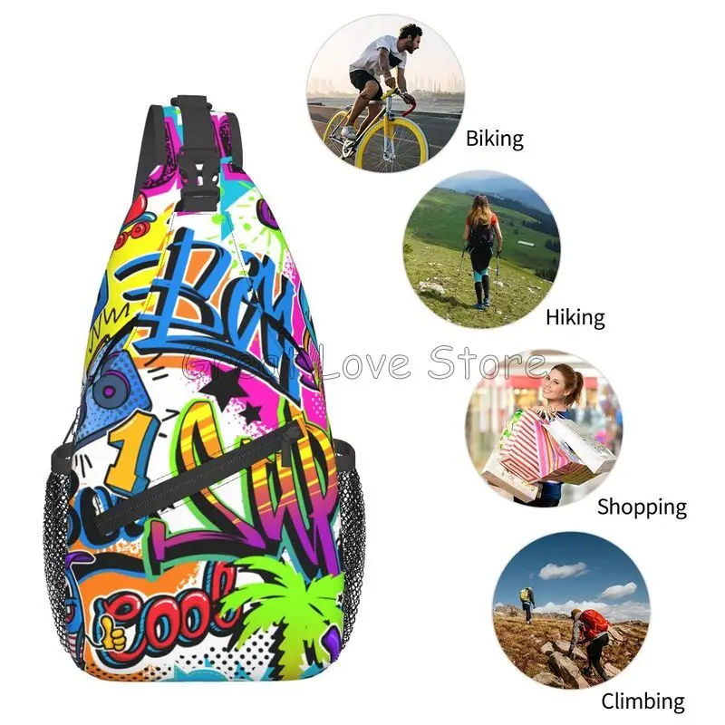 Collezione di fumetti americani Borsa da petto pop art Graffiti Zaino da viaggio casual Borsa a tracolla per viaggi in spiaggia, campeggio, escursionismo
