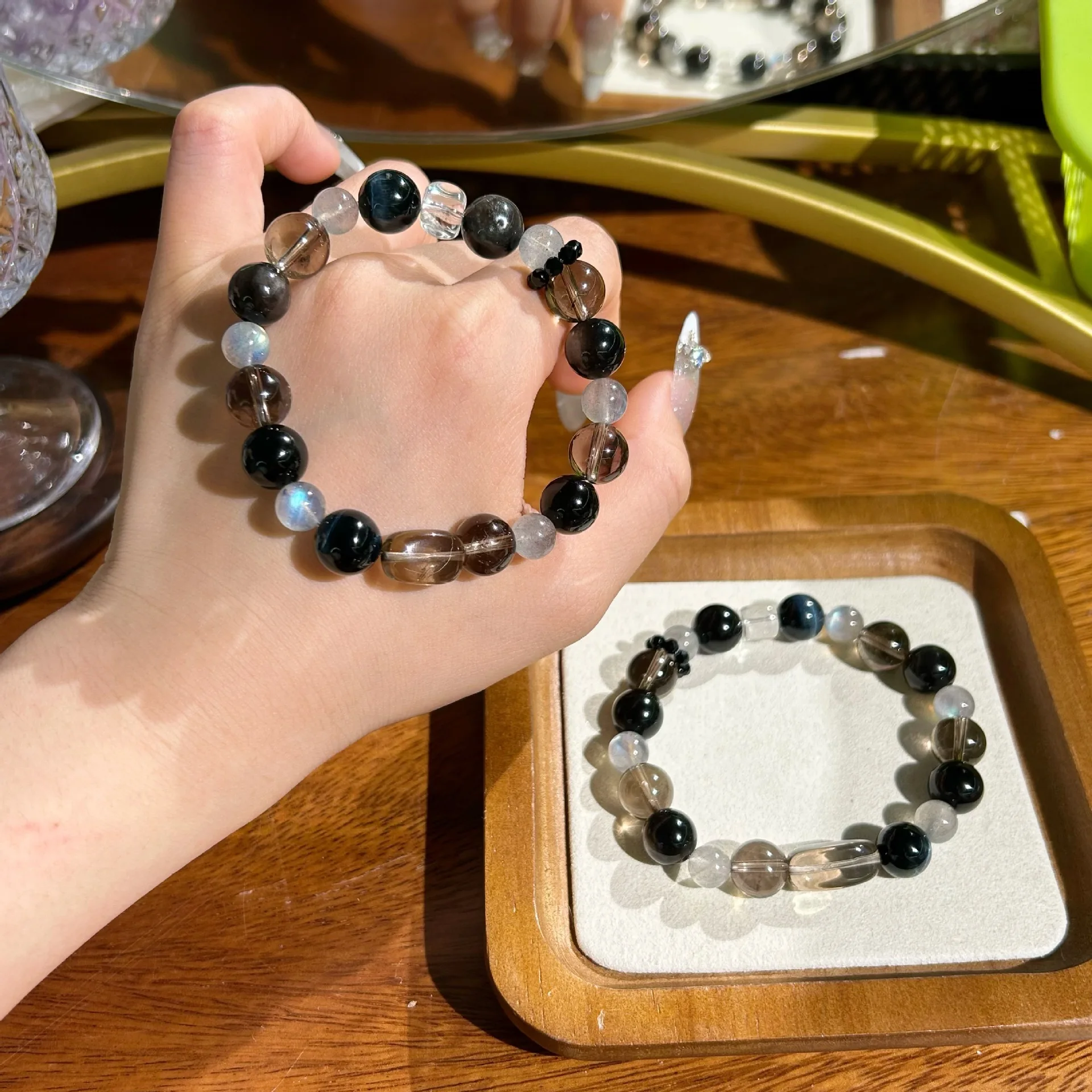 Natural Smoky Quartz Square White Crystal Gray Moonstones Strand Bracelets Lucky Wealth Crystal Beaded Bangle Jewelry for Women