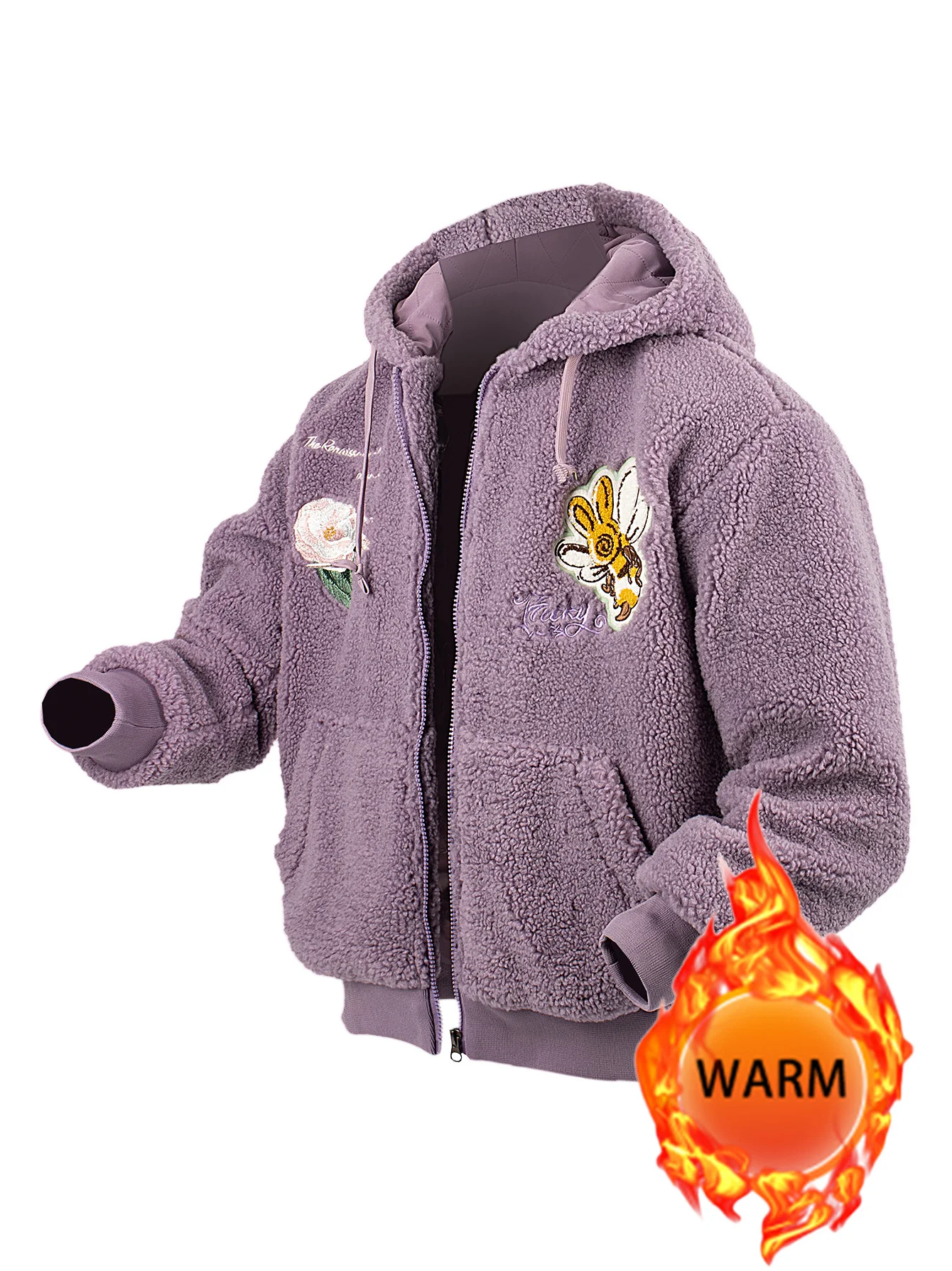 سترة نسائية بغطاء للرأس من الصوف بسحاب ملابس خارجية سميكة دافئة للخريف والشتاء مع جيوب كاجوال عصرية مطرزة يومية للجنسين #3