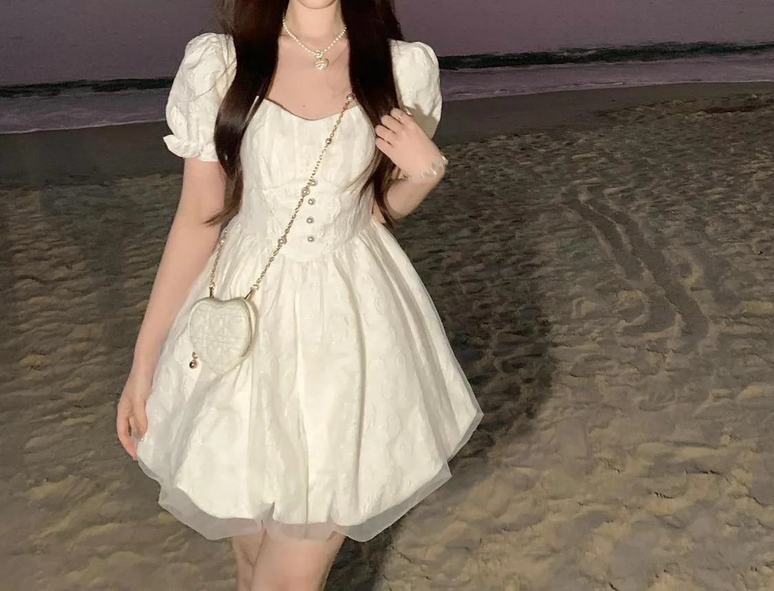 CGC Vintage Puff Sleeves White Short Dresses For Women Summer Elegant Party Dresses Korean Fashion Female Kawaii Lolita Dress