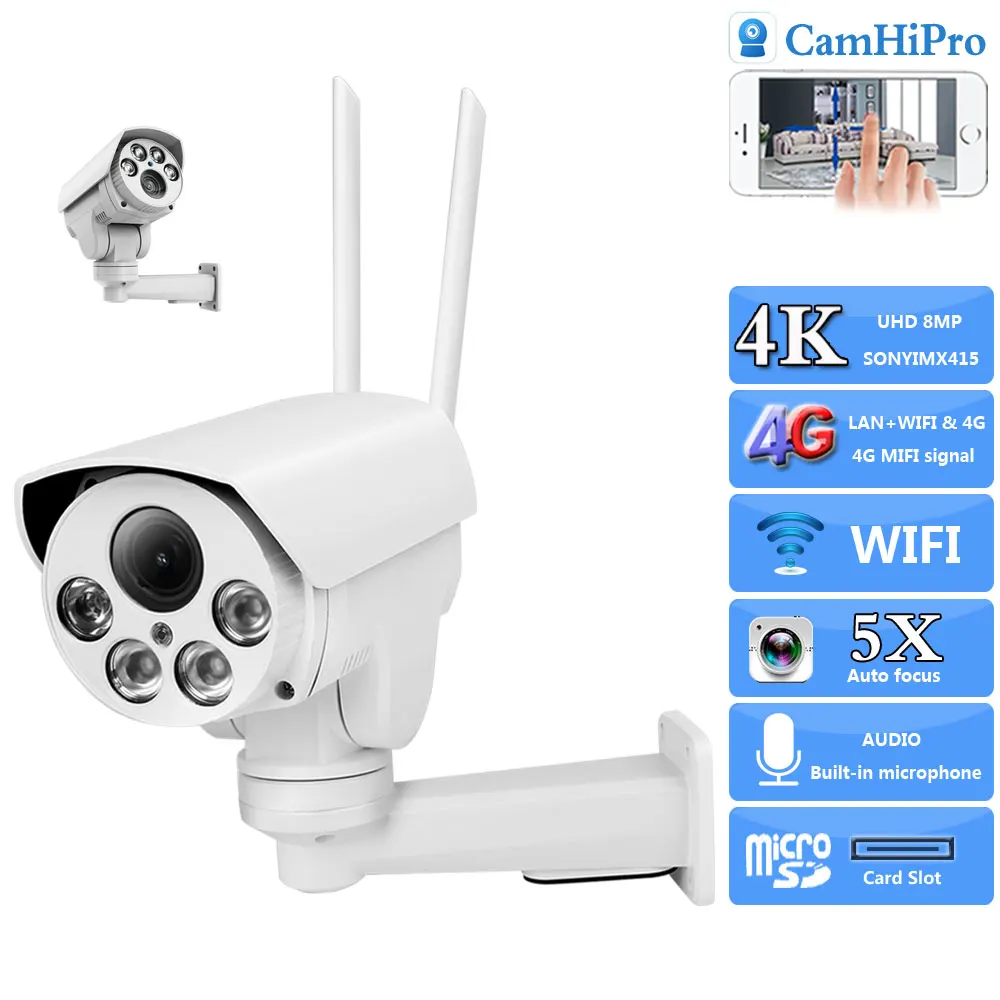 4K 8MP Sonyimx415 3G 4G SIM Card PTZ Wireless Bullet Security IP Camera Wifi 5MP 5X Zoom Autofocus Audio Human Detection