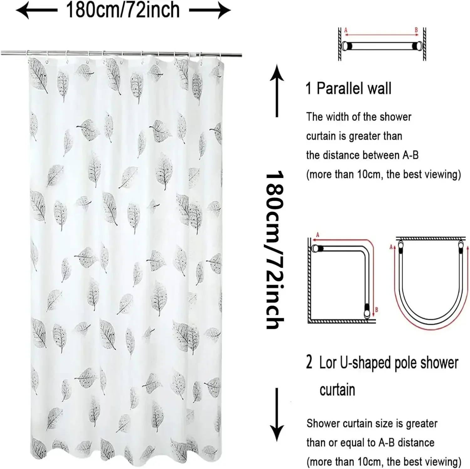 1pcs  Semi Sheer Lightweight Bath Print Shower Curtain Ptinted Leaf Shower Curtain Liner Water Repellent Bathroom Curtains