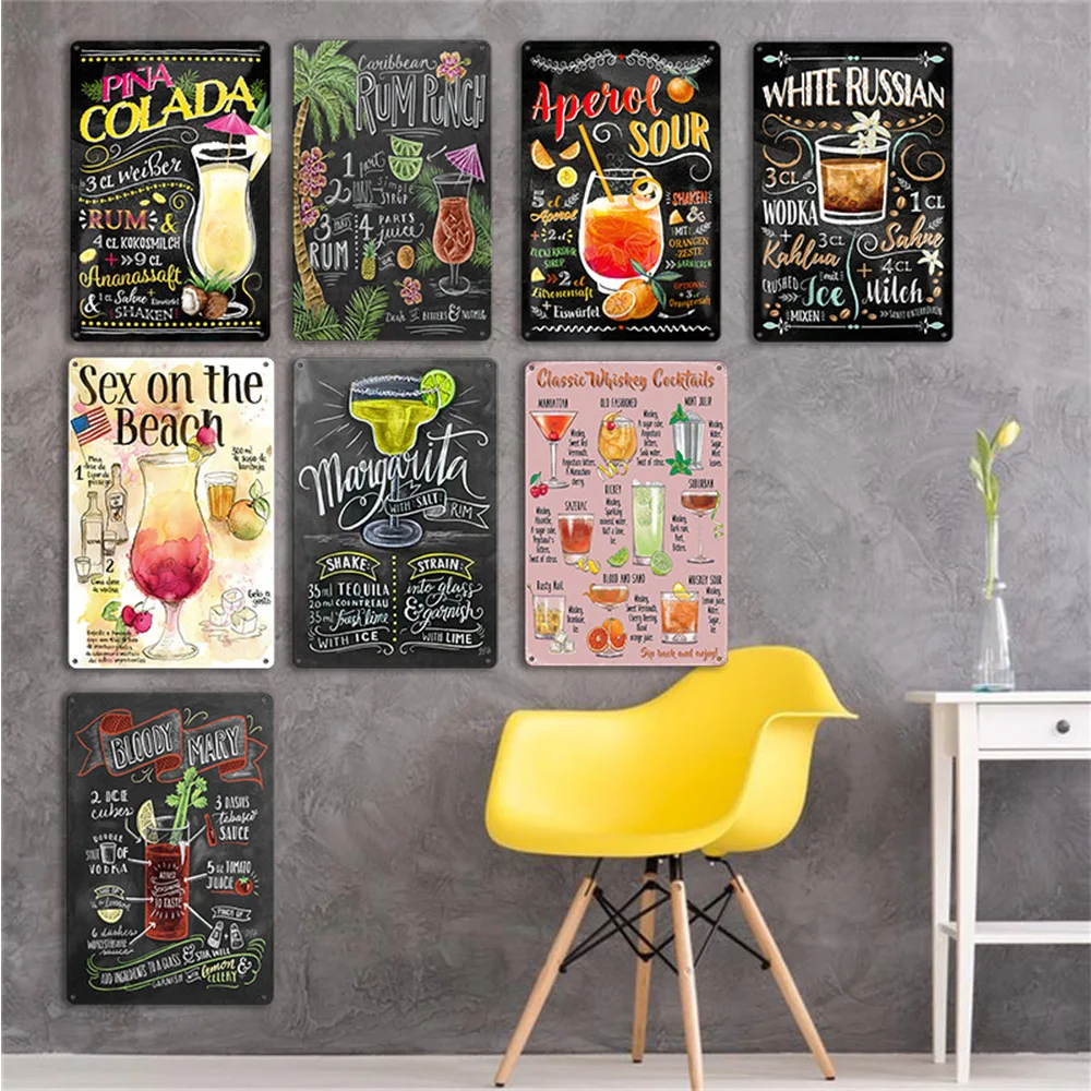 Classic Cocktail Tin Sign Recipes Beer Wine Drink List Poster Vintage Metal Tin Signs for Wall Art Decor Home Bars Clubs Cafes