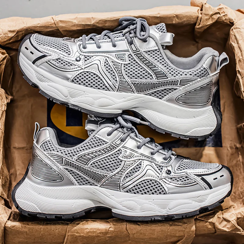 

Men's Four-Season Mesh Breathable Sports Shoes Korean Outdoor Trendy Thick Bottom Heightening Shoes Fashion Casual Dad Shoes