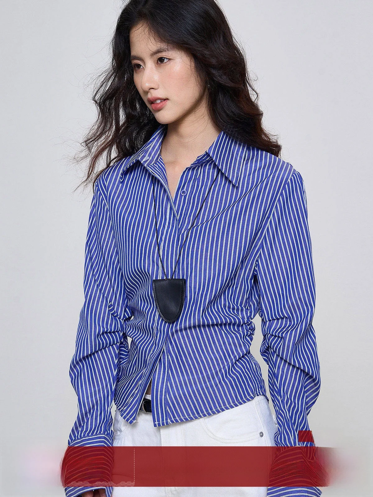 

Blue Striped Waist-Cinching Long Sve Ne Women's irt Slim Fit Waist-Increasing Spring New Sle Commute Wind irt