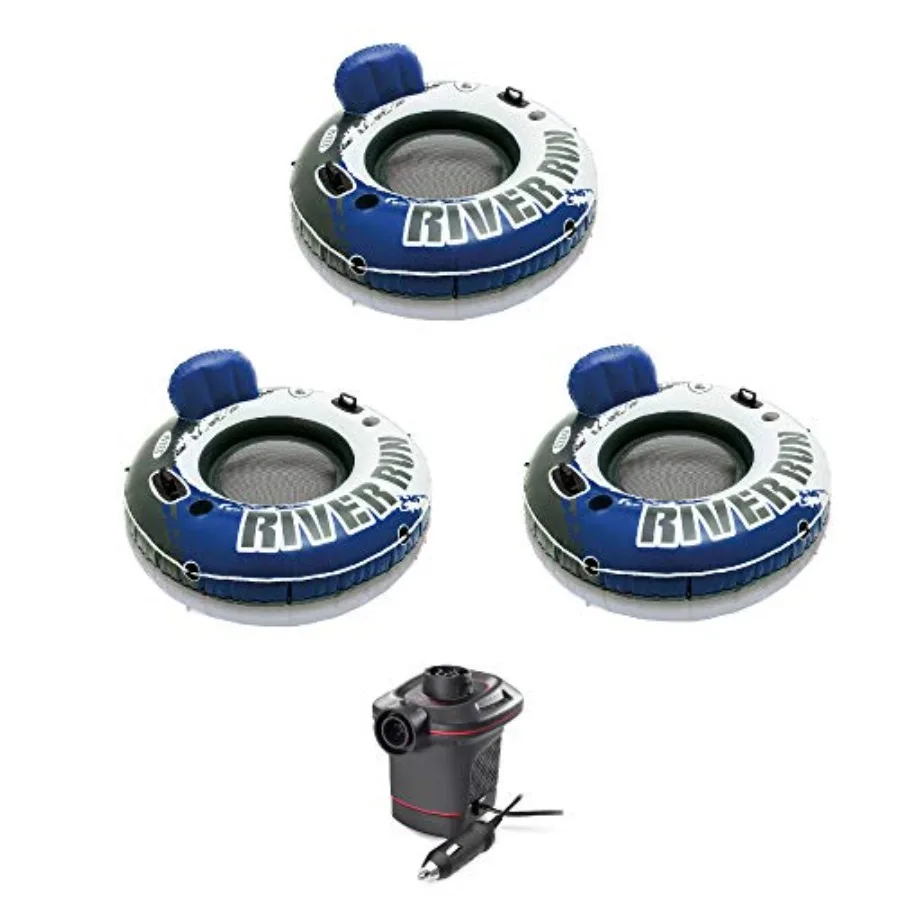 

River Run 1 Person Floating Tube 3 Pack and 12 Volt Electric Air Pump for pool and lake use, durable PVC material, blue color,