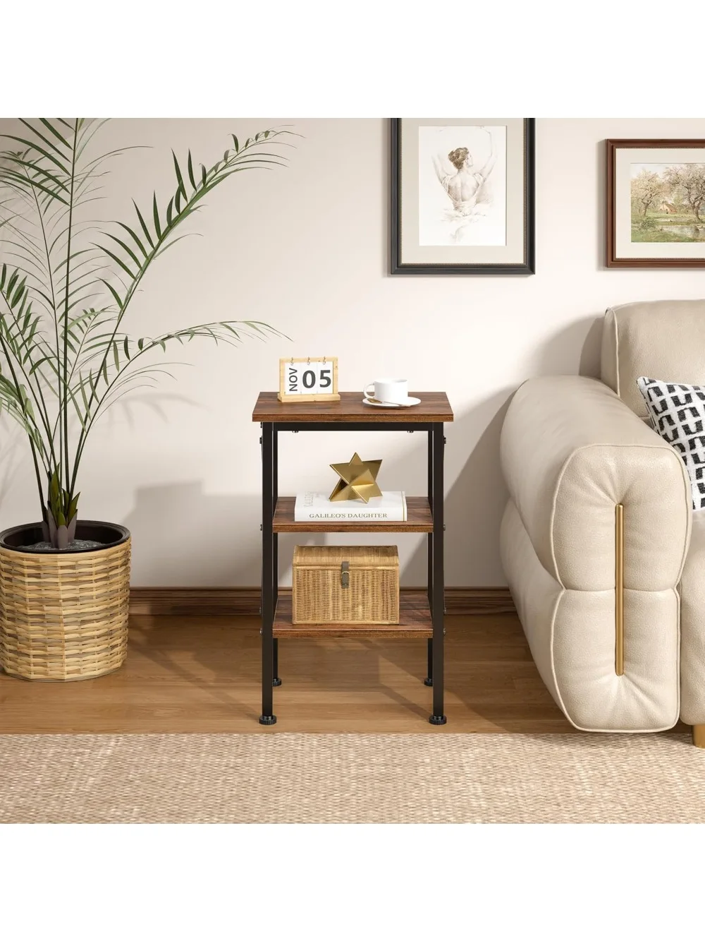 طقم طاولة نهاية بنية ريفية مكون من قطعتين، منضدة بتصميم X بطول 24 بوصة مع مساحة تخزين من 3 طبقات للمساحات الصغيرة وغرفة النوم وغرفة المعيشة