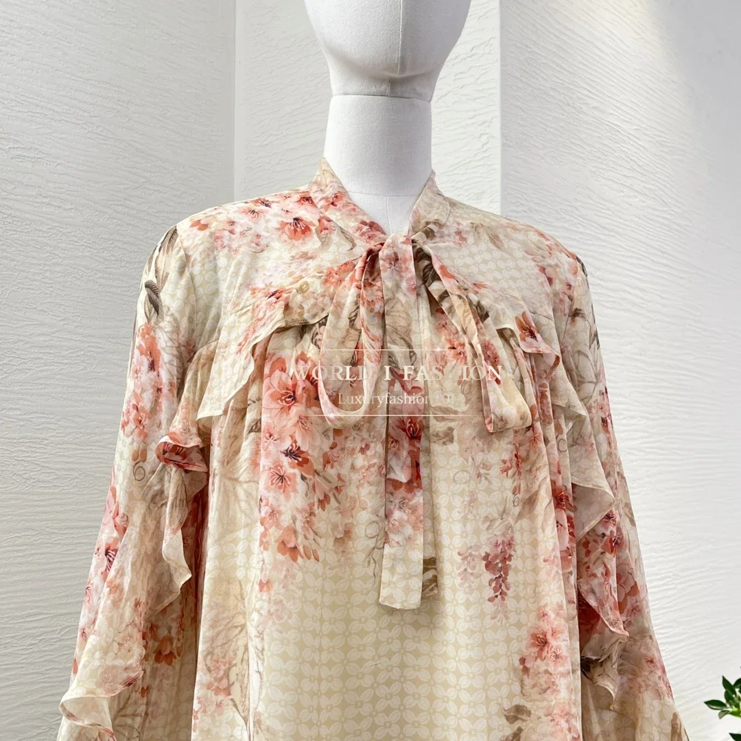

High Quality 2025 Black Red Floral Print Long Sleeve Ruffles Blouse Tops