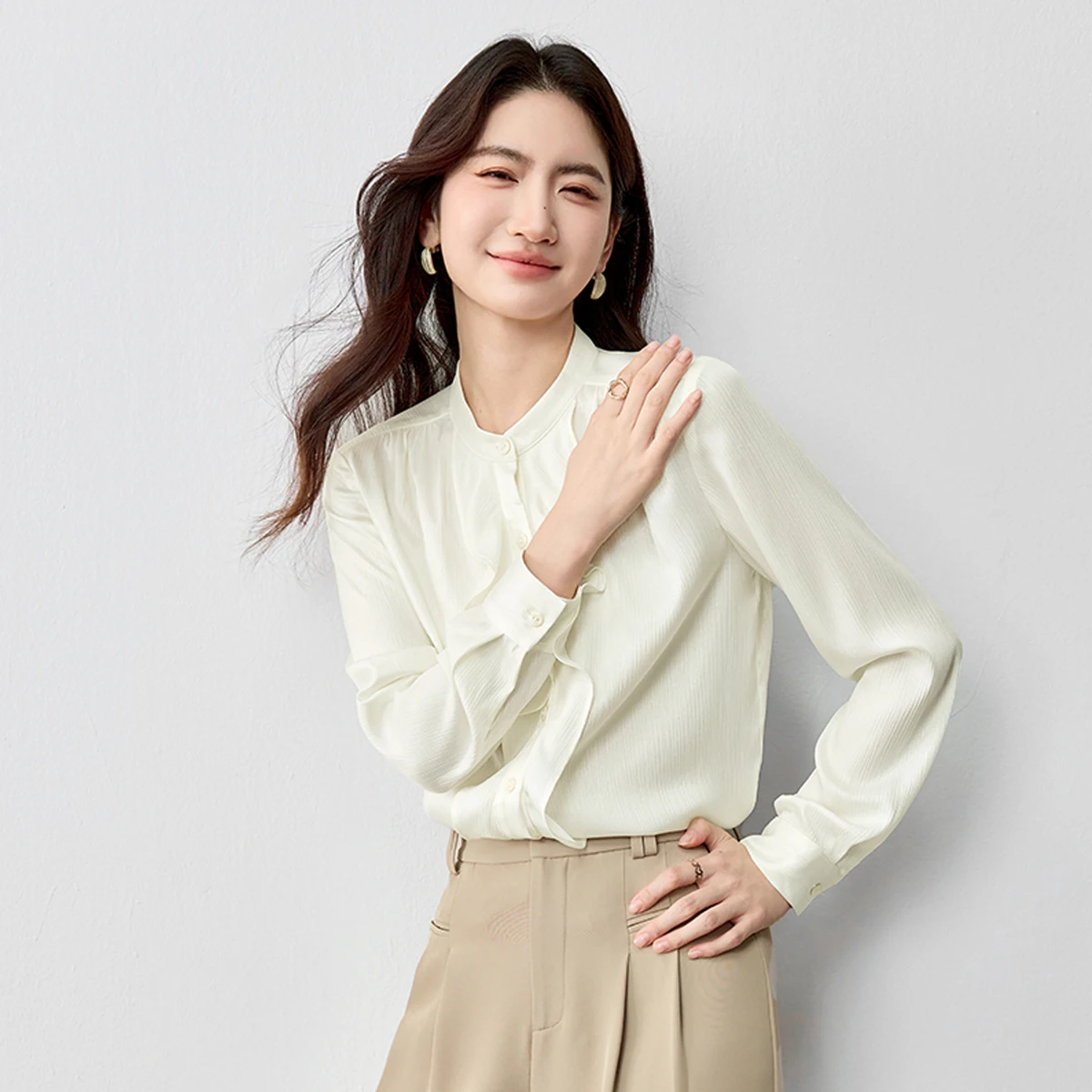 SENTUBILA Elegant Women Chiffon Shirt 2025 Autumn New Single Breasted Blouses Ruffle Design Long Sleeve Female Shirts 153CC2512