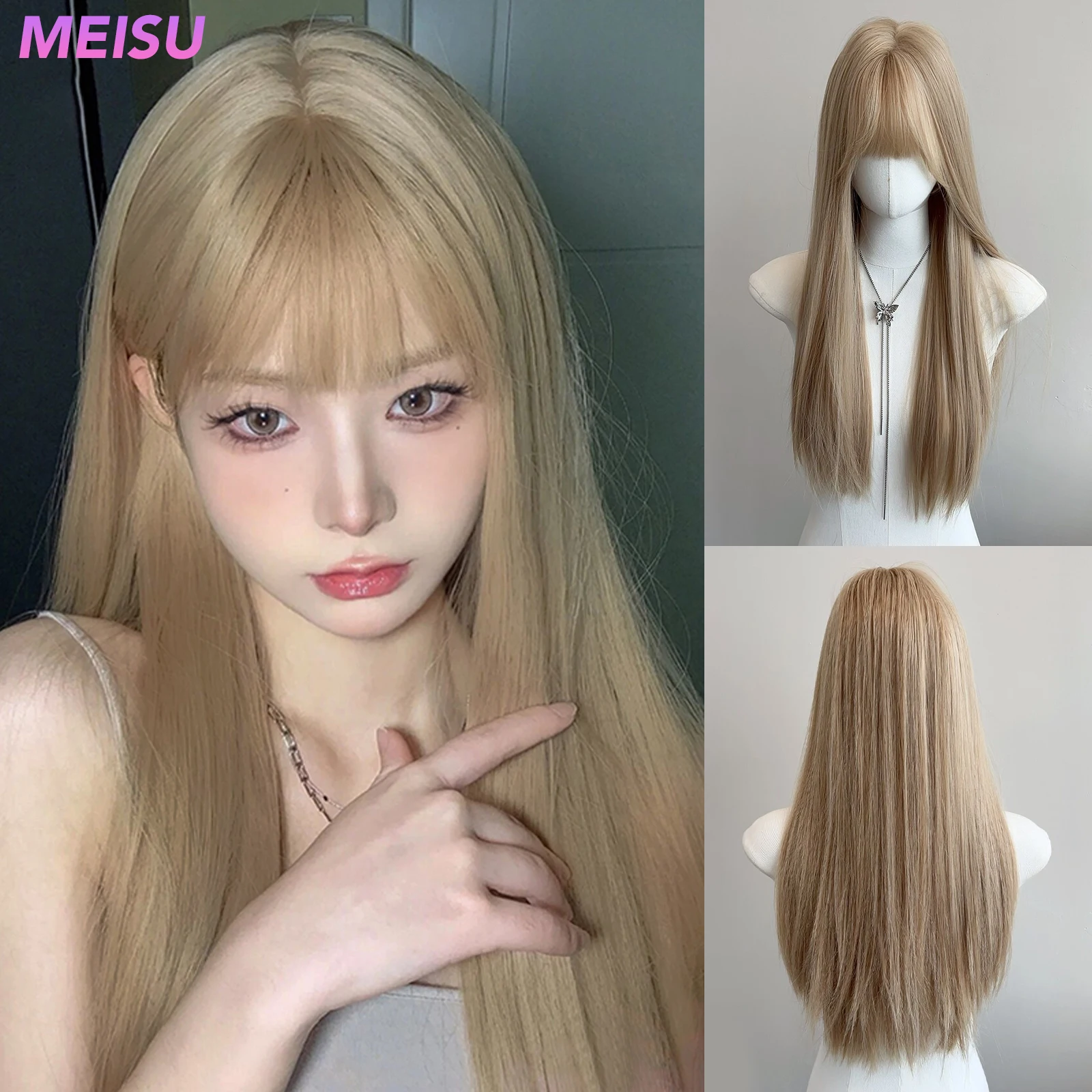 

MEISU 26 Inch Straight Synthetic Wig Layered Platinum Heat-Resistant Natural Smooth Hair Stylish Party Bangs Wigs For Women 가발