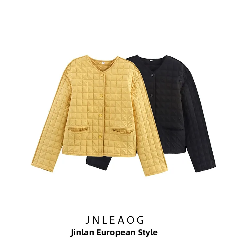 JNLEAOG Autumn New Women's Fashion Design Checkered Cotton Jacket Outerwear Two Colors Loose Fit Wind Style Ladies Coat