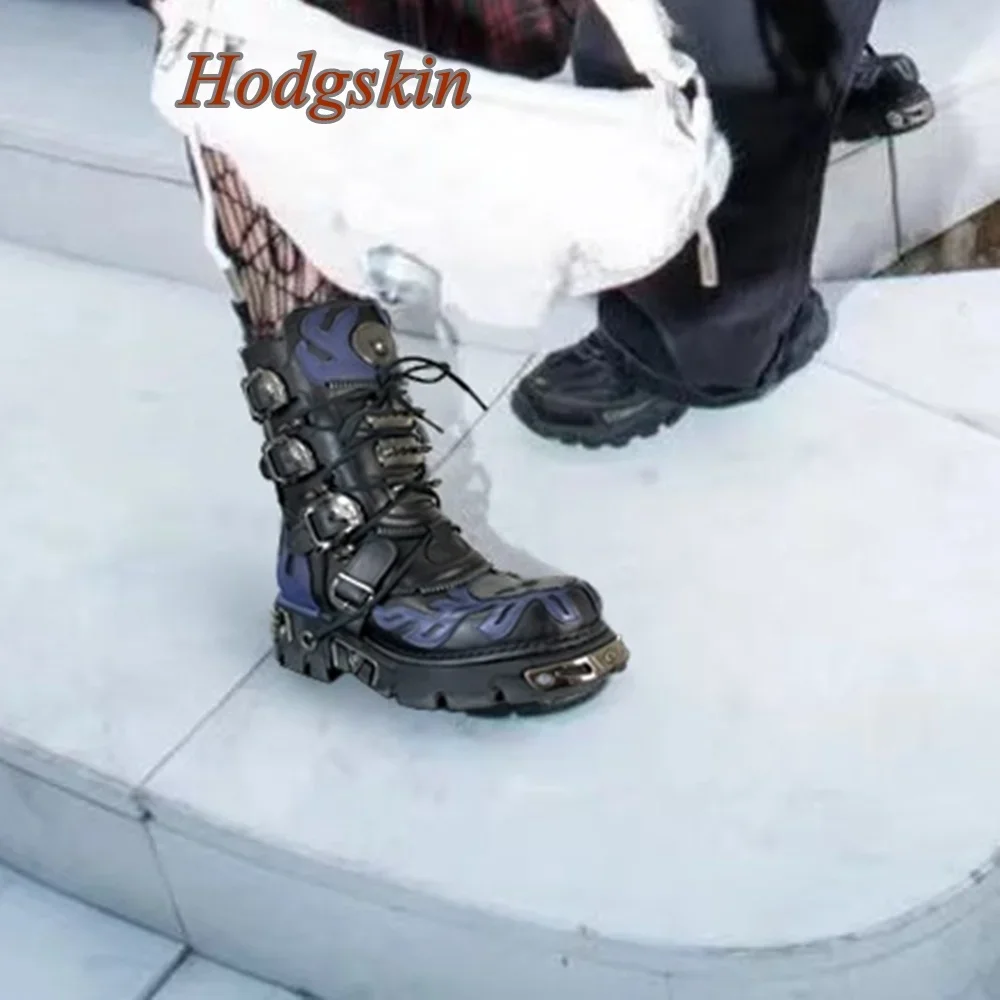 Metal Decoration Belt Buckle Boots Mid Calf Patchwork Chunky Heel Elastic Band Round Toe Boots Fashion Casual 2025 Newest Boots