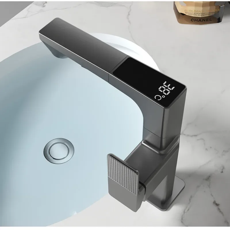 Gun Grey Intelligent Faucet Digital Led Temperature Display White Hot Cold Water Pull Out Rotation Swing Wash Basin Water Tap