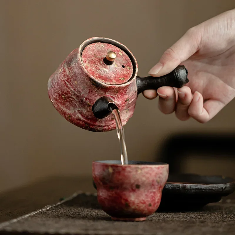 Japanese-style Wabi Sandstone Mine Colored Pottery Urgent Beard Side Handle Pot Large-capacity Teapot Teacup Filter Pot TeaSet