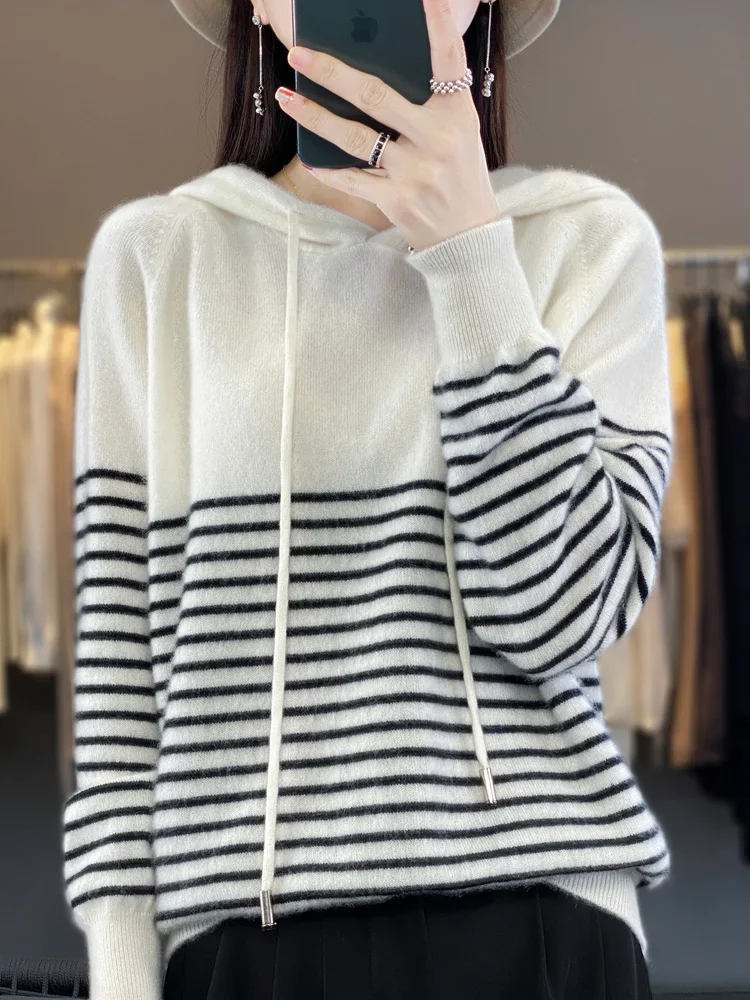 2024 Autumn Winter New 100% Australian Pure Wool Striped Autumn Winter Hoodie, Loose,Casual,Fashionable, Versatile, Thick Design