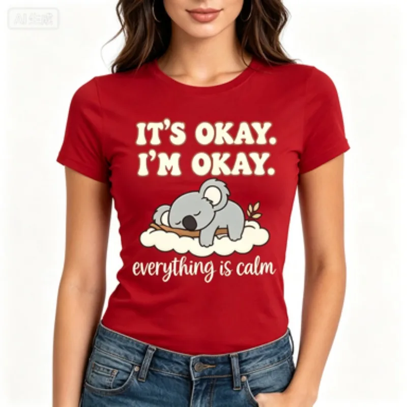 Women's Fashion T-shirt Koala Print Tops Casual Short-sleeve Shirt It's Fine I'm Fine Everything Is Fine Cartoon Womens Clothing