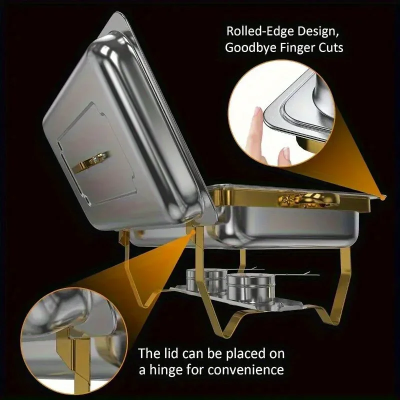 6 قطع من صينية خبز البوفيه، مجموعة بوفيه صينية خبز ذهبية سعة 8 لتر بالحجم الكامل، صينية خبز فاخرة من الفولاذ المقاوم للصدأ سخان طعام للحفلات