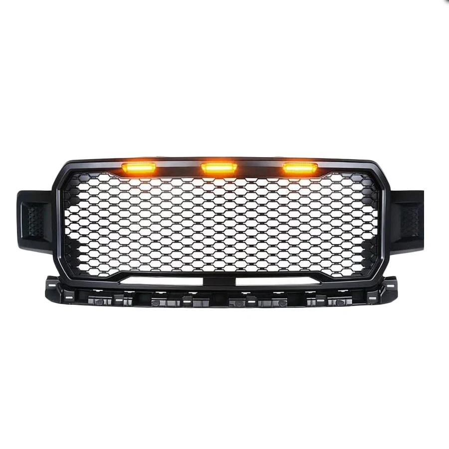 لفورد F150 2018 ~ 2020 رابتور ستايل قطع غيار السيارات مصبغة ماتي الأسود شواء ABS المصد الأمامي شبكات العلوي مع مصباح ليد