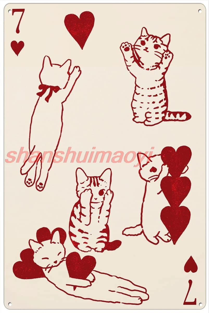 Retro Metal Tin Sign 12 X 16 Inches Seven of Hearts Poster Ace Card Cats Vintage Poster Cute Cats Wall Art Cats Lover Po SH sign