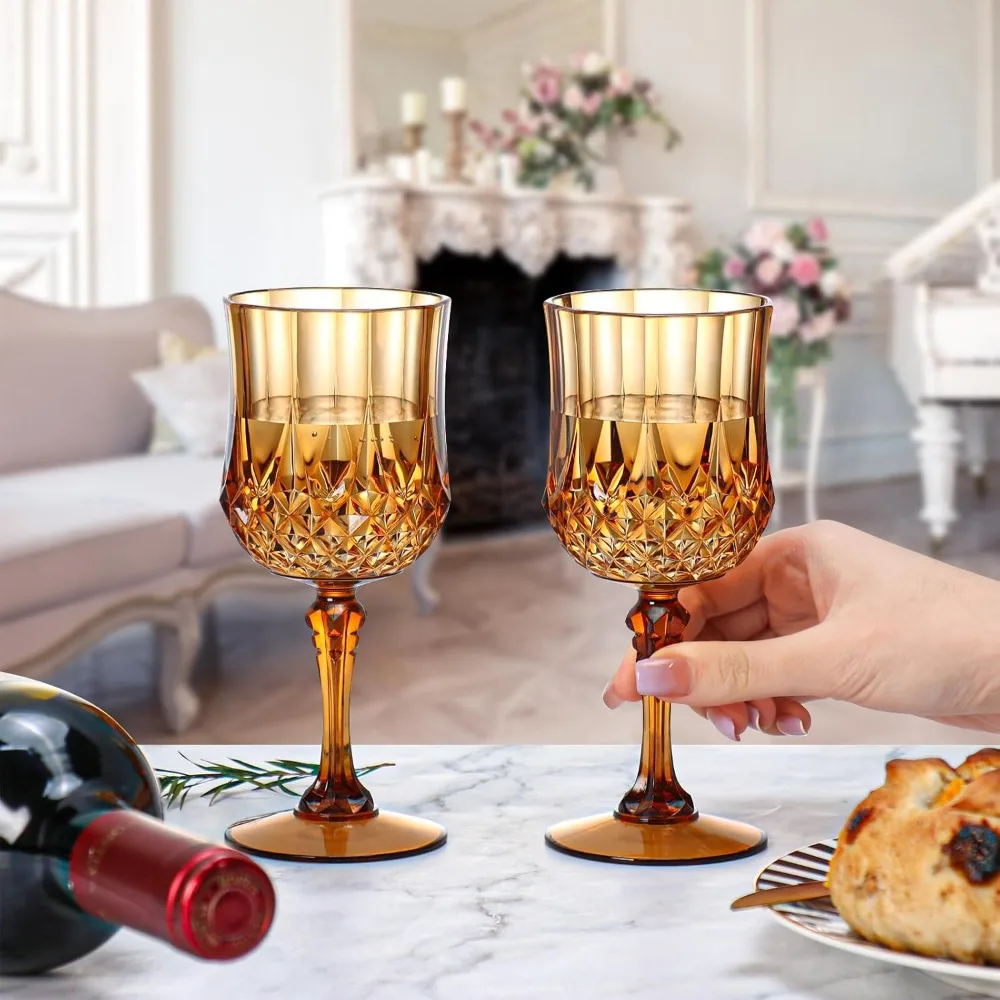 Unbreakable Plastic Vintage-Style Wine Glasses - Reusable Crystal Water Goblets for Weddings and Everyday Drinking