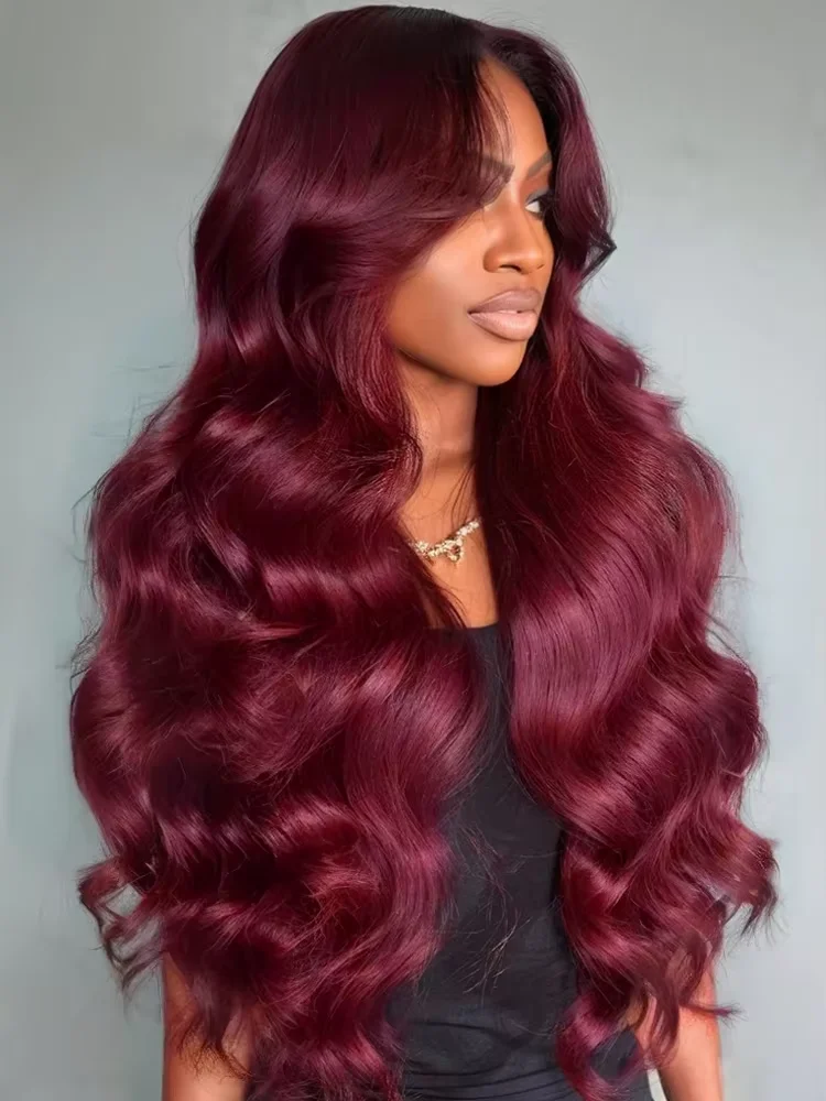 Wig Rambut Asli Peru Burgundy 99J Kepadatan 250% 13x4 HD Lace Front Body Wave Merah Tanpa Lem untuk Wanita 30 inci