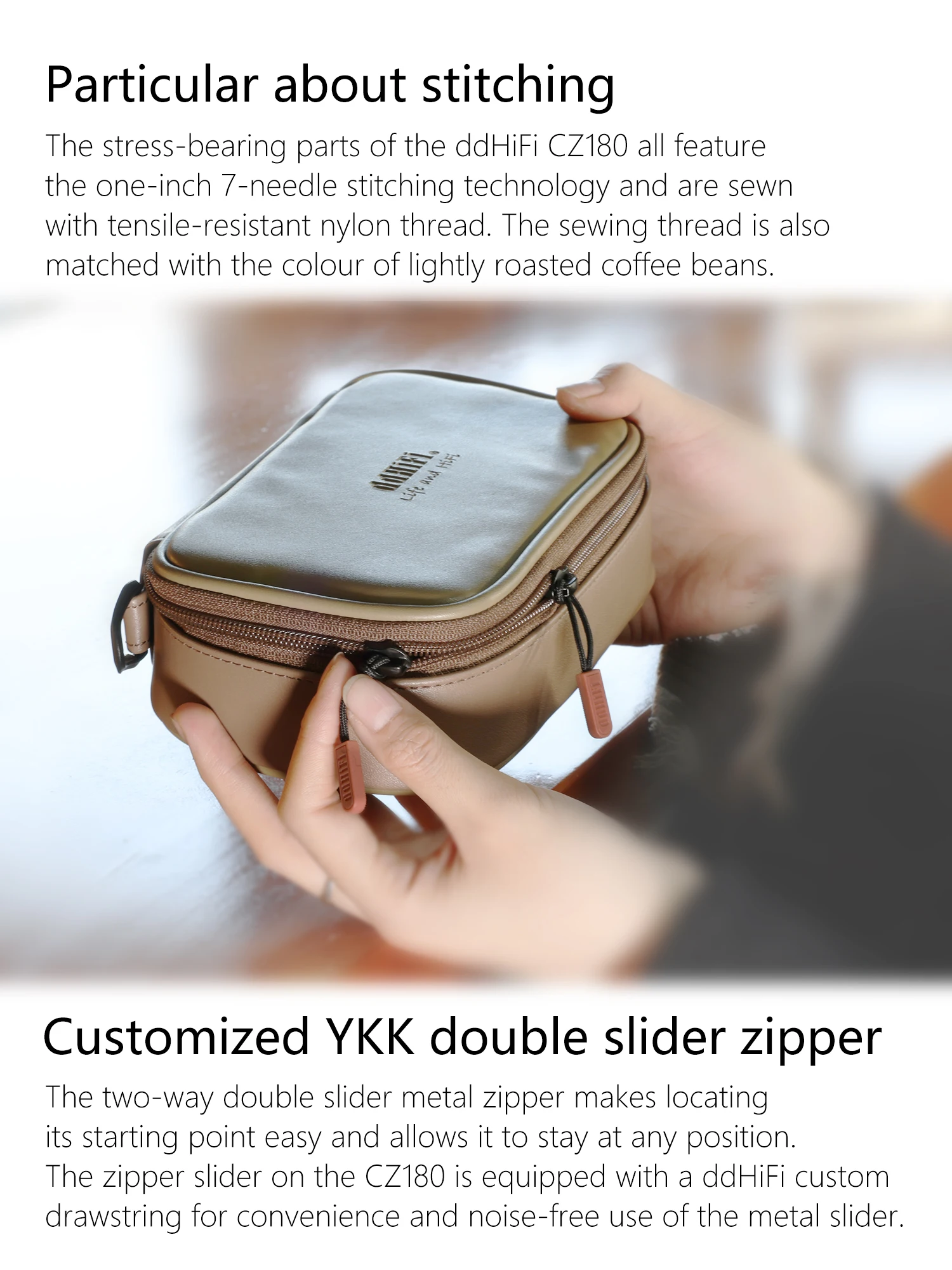 DD ddHiFi CZ180 Tragbarer HiFi-Aufbewahrungskoffer mit Verbundleder und individuellem YKK-Doppelschieber-Reißverschluss (Kaffeebohnenfarbe) – Detail 6