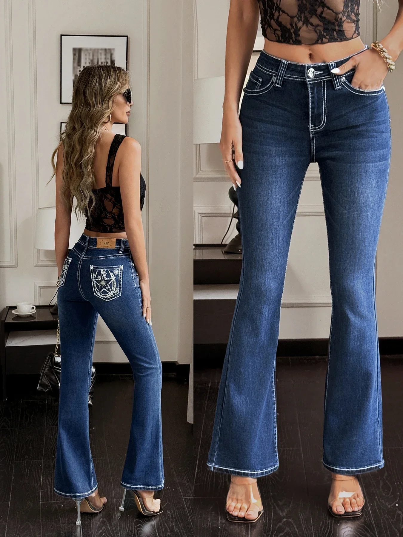 하이 라이즈 여성 플레어 진 자수 데님 팬츠 시크 스트리트 패션 의류