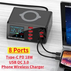 8 Ports USB Charger Quick Charge QC3.0 PD 18W HUB Adapter For iPhone 14 13 12 Pro Max Samsung Fast Wireless Charger Dock Station