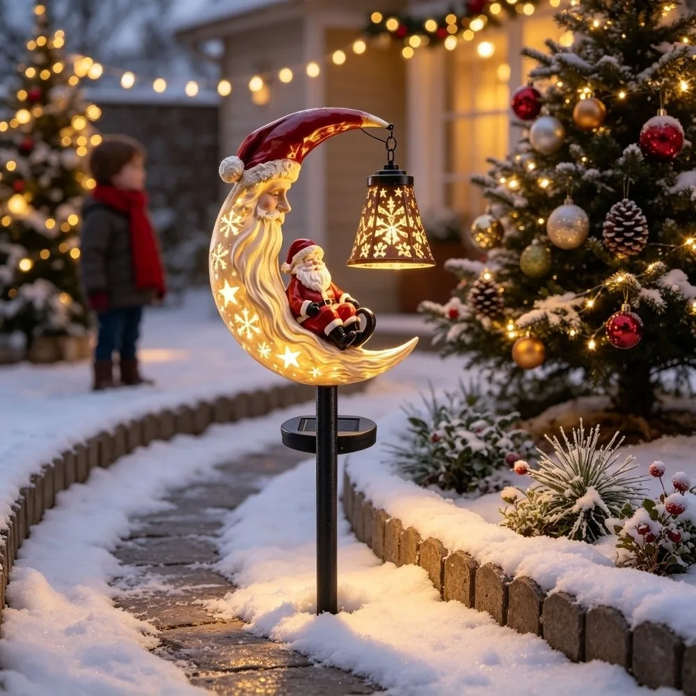 LED Glowing Christmas Moon Solar Stake Light with Bell Hollow Lantern Xmas Garden Stake Lamp Iron Metal Solar Powered